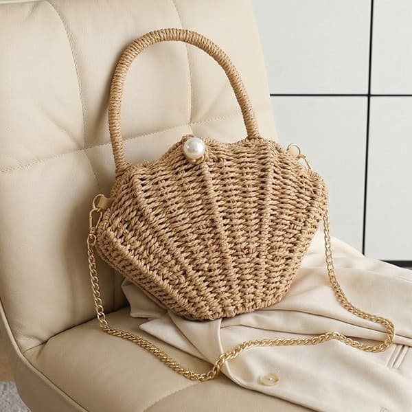 French Straw Woven Bag Seaside Vacation Beach Bag Premium Shell Bag Women's Crossbody Woven Bag Chain Box Bag