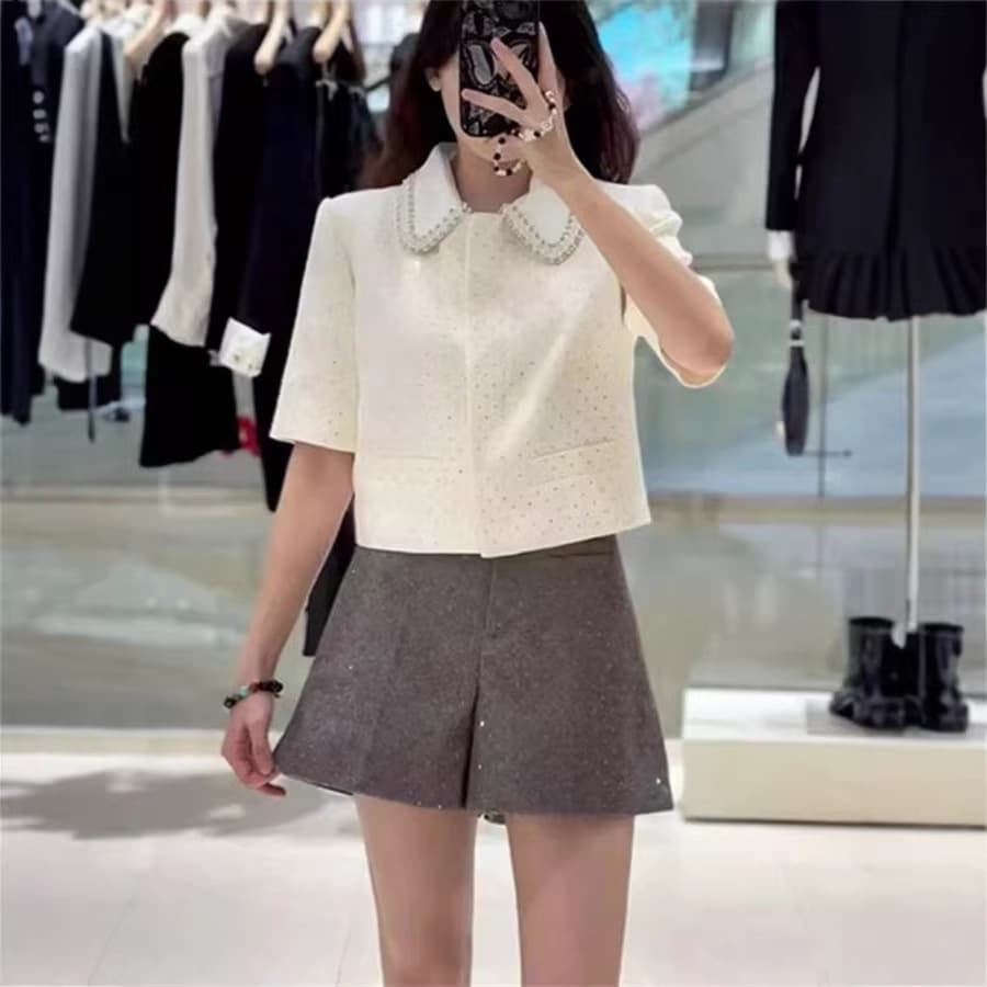 French-style Niche 2025 Early Spring New Tweed Rhinestone Pearl Trim Notch Lapel Short Top Vest and Long Pants Three-Piece Set
