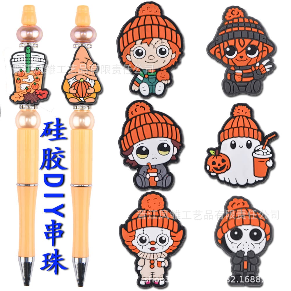 Halloween Silicone Beads DIY Beaded Pen Cute Horror Style Ballpoint Pen Accessories Halloween Ghost Face Beads