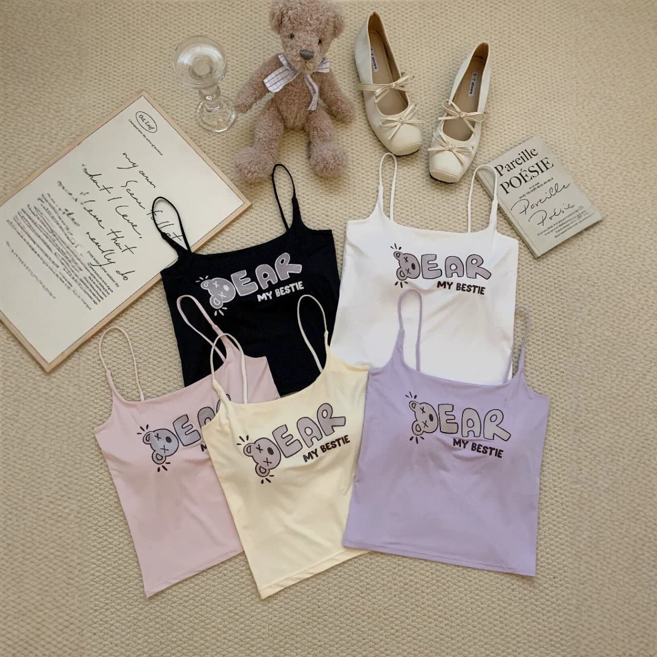 Cute Cartoon Letter Print Ice Silk Camisole Top for Women Summer Backless with Built-in Pads Slim Fit Inner Wear Outerwear