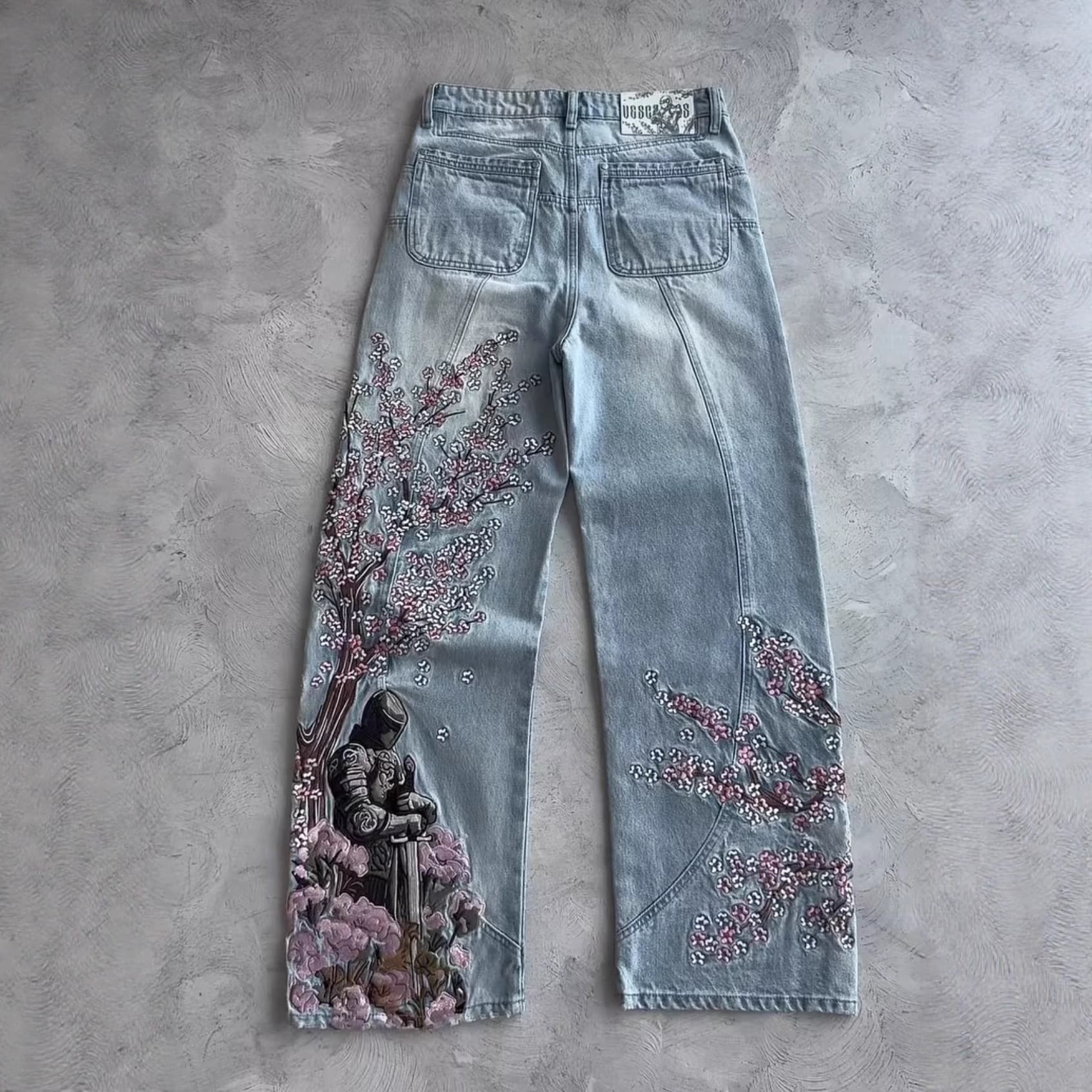 European and American Cross-Border Vintage Heavy-Duty Floral Embroidery Wide-Leg Jeans for Men and Women, High-Street High-Waist Fashion Streetwear Long Pants