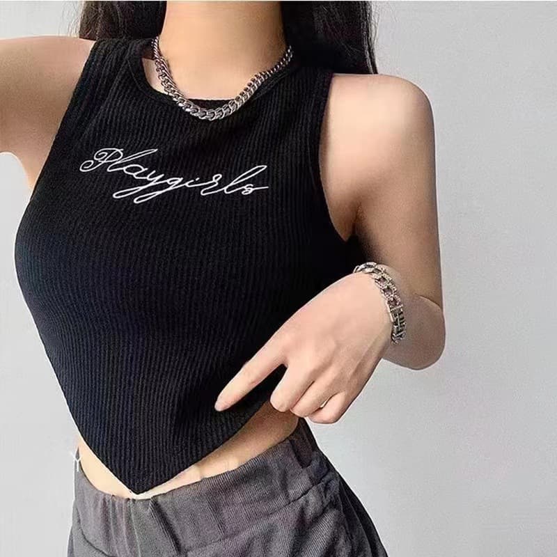 Spring and Summer New Korean Style Gentle Round Neck Letter Embroidered Irregular Top Camisole Women's Top