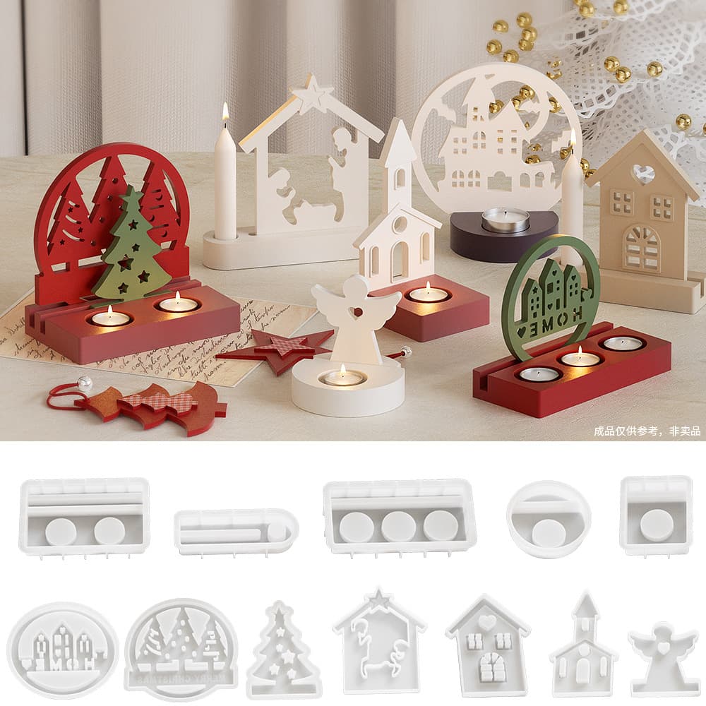 DIY Epoxy Resin Plaster Halloween Castle House Angel Christmas Tree Single Hole Double Hole Triple Hole Candle Holder Silicone Mold