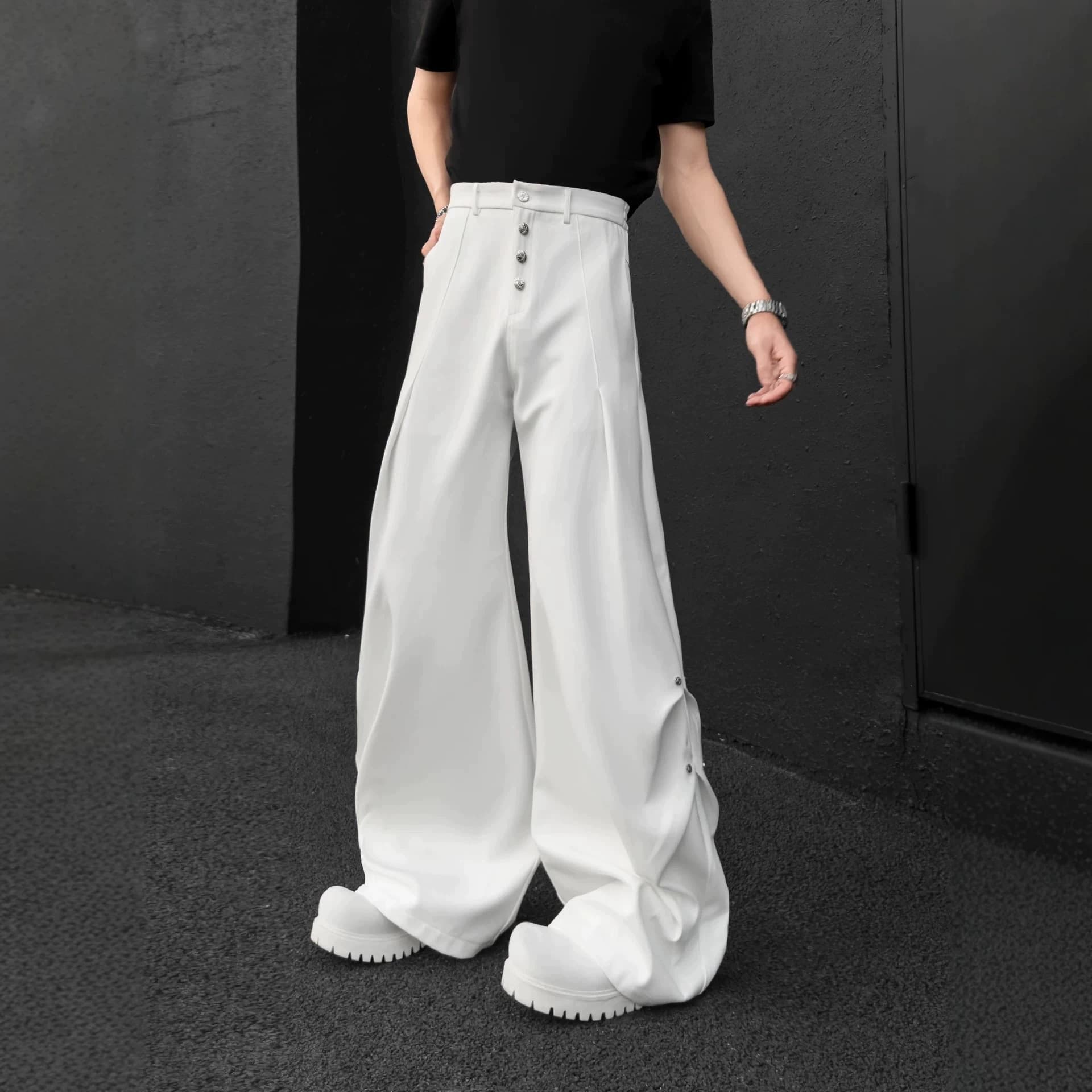Premium Multi-Button Black Wide Leg Dress Pants for Men Structured Draped Pleated Curved Wide Leg Versatile Loose Casual Trousers