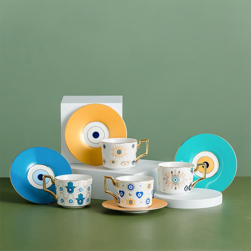 Fashionable Devil's Eye Ceramic Coffee Cup Set European Style Afternoon Tea Flower Tea Cup And Plate Home Use Luxury Gold Pattern