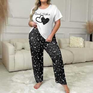 European and American Style Plus Size Loungewear Set with Star and Heart Print, Round Neck Short Sleeve Top and Long Pants, Women's Pajama Set