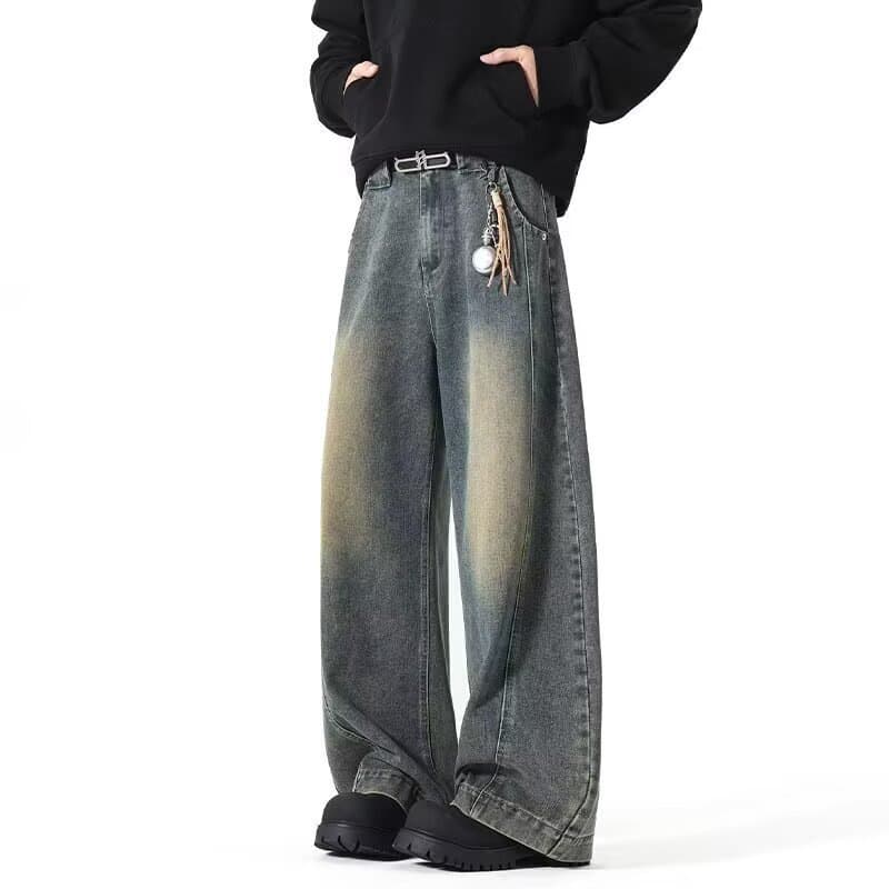 American High Street Deconstructed Curved Blade Wide Leg Jeans for Men, Washed Loose Straight Leg Floor-Length Casual Versatile Sickle Pants