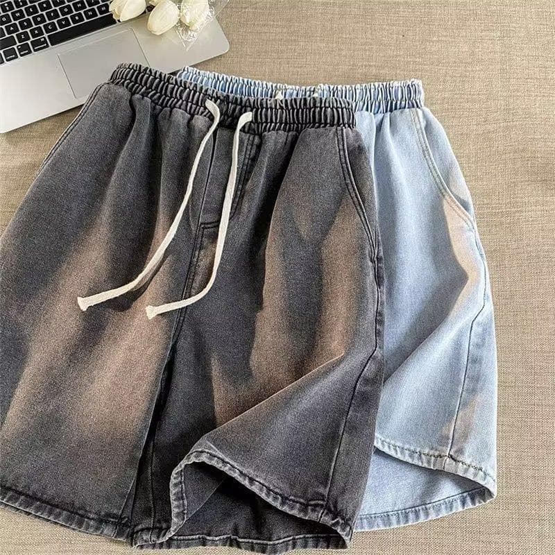Elastic Waist Denim Shorts Men's Summer Thin Loose Straight-Leg Mid-Length Pants Korean Bf Trend Versatile Casual Five-Point Shorts