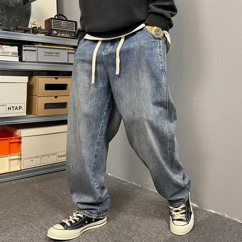 Washed Distressed Cargo Jeans for Men Loose Harem Pants American Style Flared Drawstring Elastic Waist Dad Pants Casual Trousers