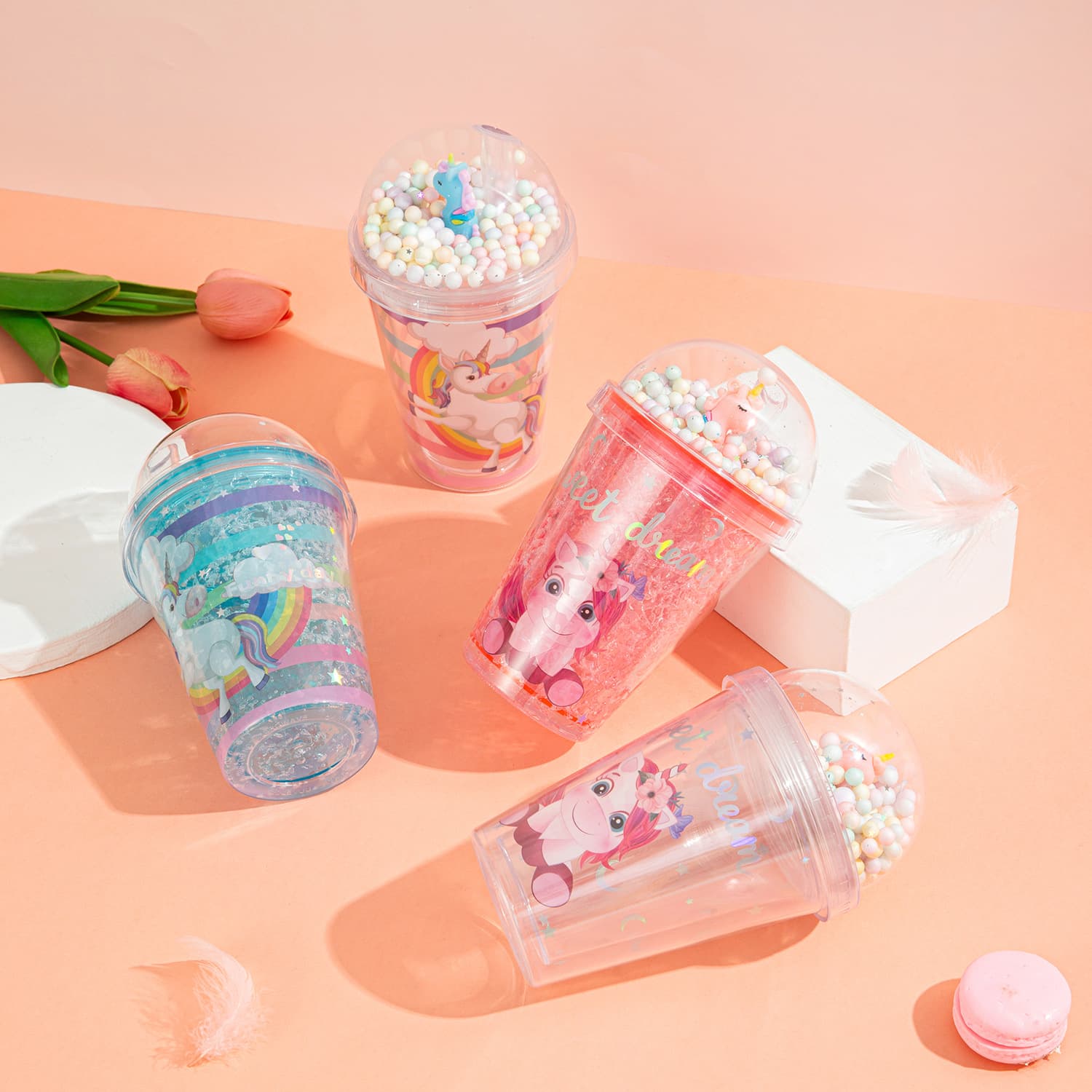 New Export Crushed Ice Cup, Unicorn Plastic Water Cup with Straw, Portable Cup, Cute Creative Gift Cup