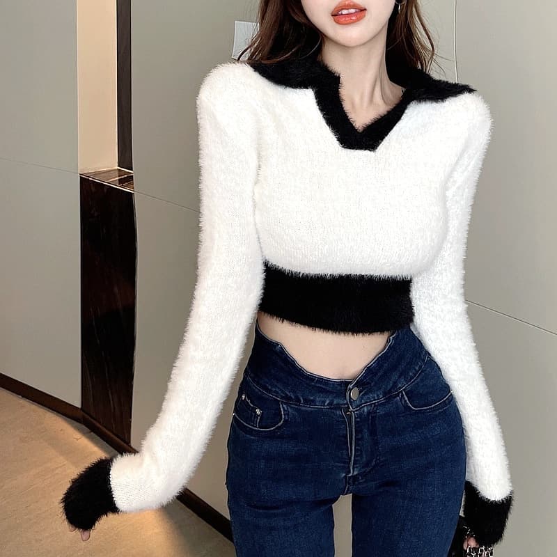 2022 Winter New Pure Desire Fluffy Sweet Spicy Sexy Color Block Knit Top Polo Collar Sweater Women