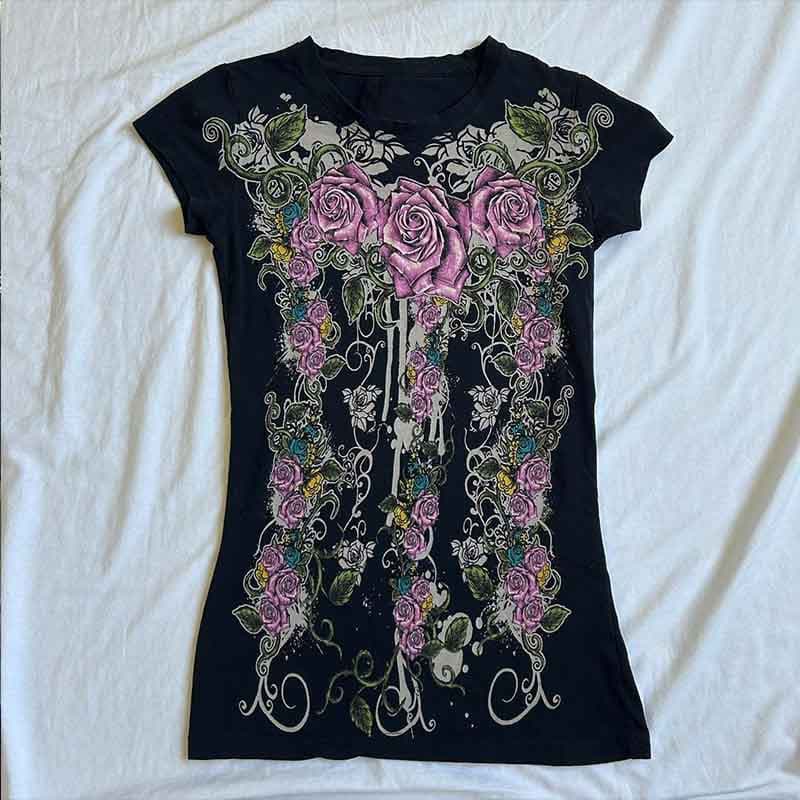 Summer Women's Dark Gothic Skull Print Slim Fit Short Sleeve T-Shirt Top Cross-Border Wholesale EMO