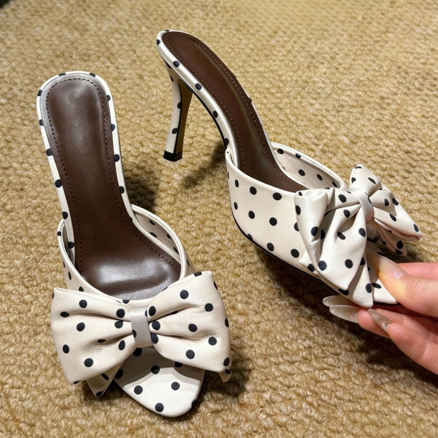 2026 Spring New Women's Shoes Satin Effect Bow Polka Dot Chic Fashion Stiletto Heel Outdoor Sandals