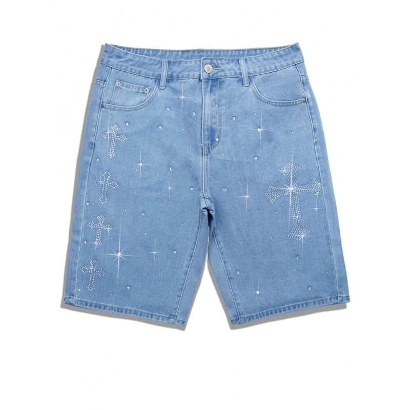 B 86149 Rhinestone Cross Denim Capris hot diamond denim shorts cross-border