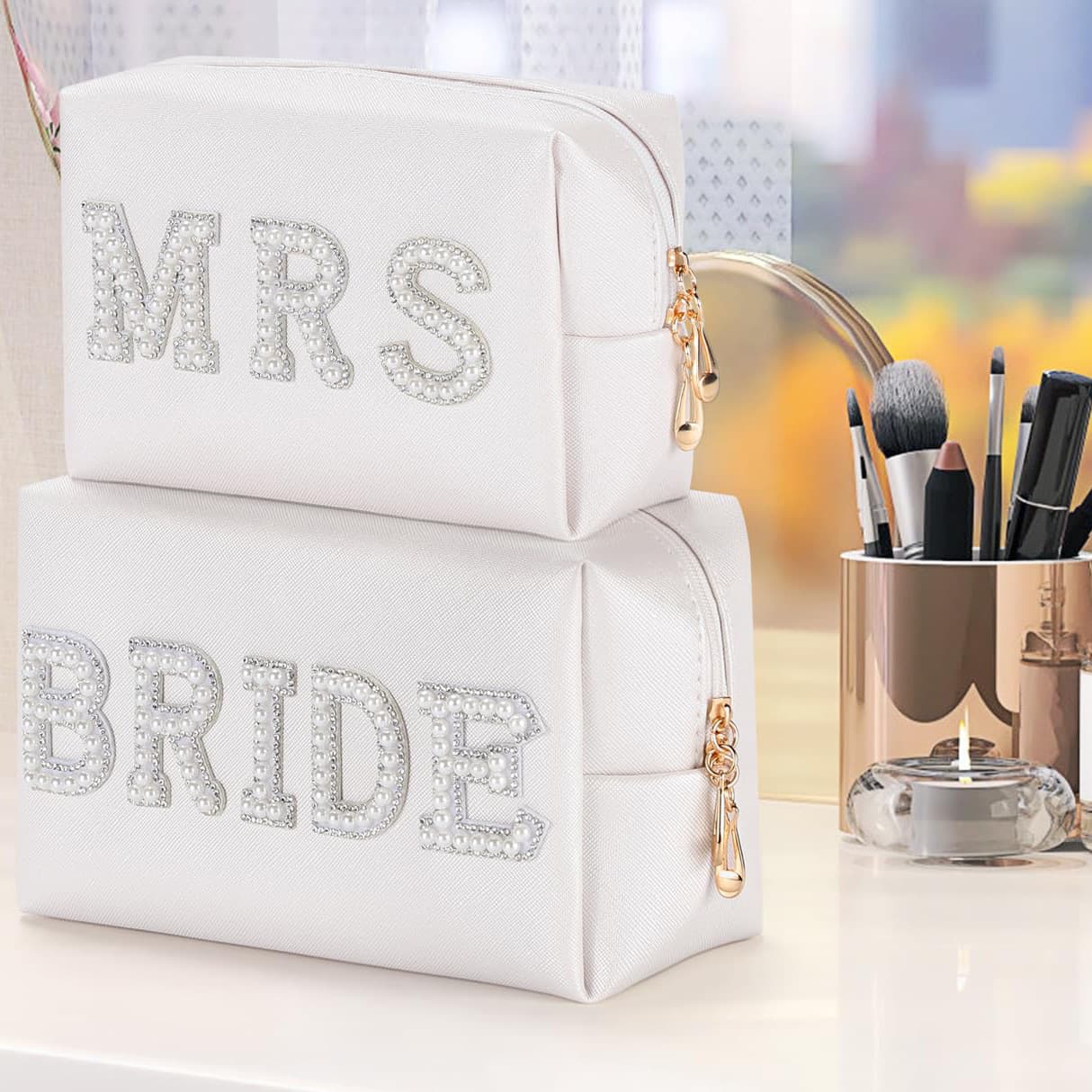 Cross-border special supply of large-capacity leather cosmetics portable bag, high-end diamond-encrusted MRS BRIDE bridal cosmetic bag