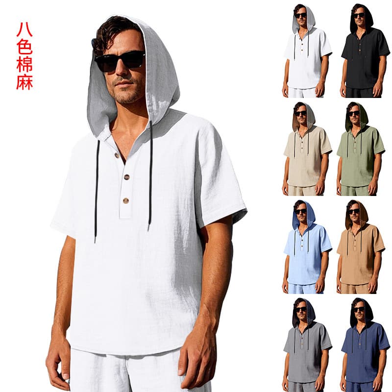 Cross-border Europe and America Men's Summer Simple Loose Casual Trendy Linen Button-up Beach Hooded Henley Short Sleeve Shirt