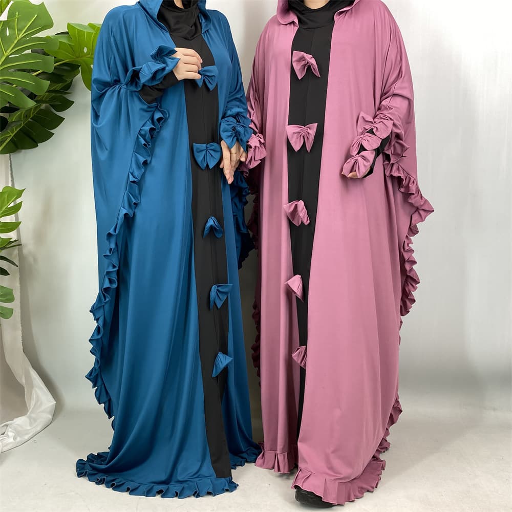 Fashion Patchwork Bow Elegant Robe Batwing Sleeve Loose Hooded Dress 6884