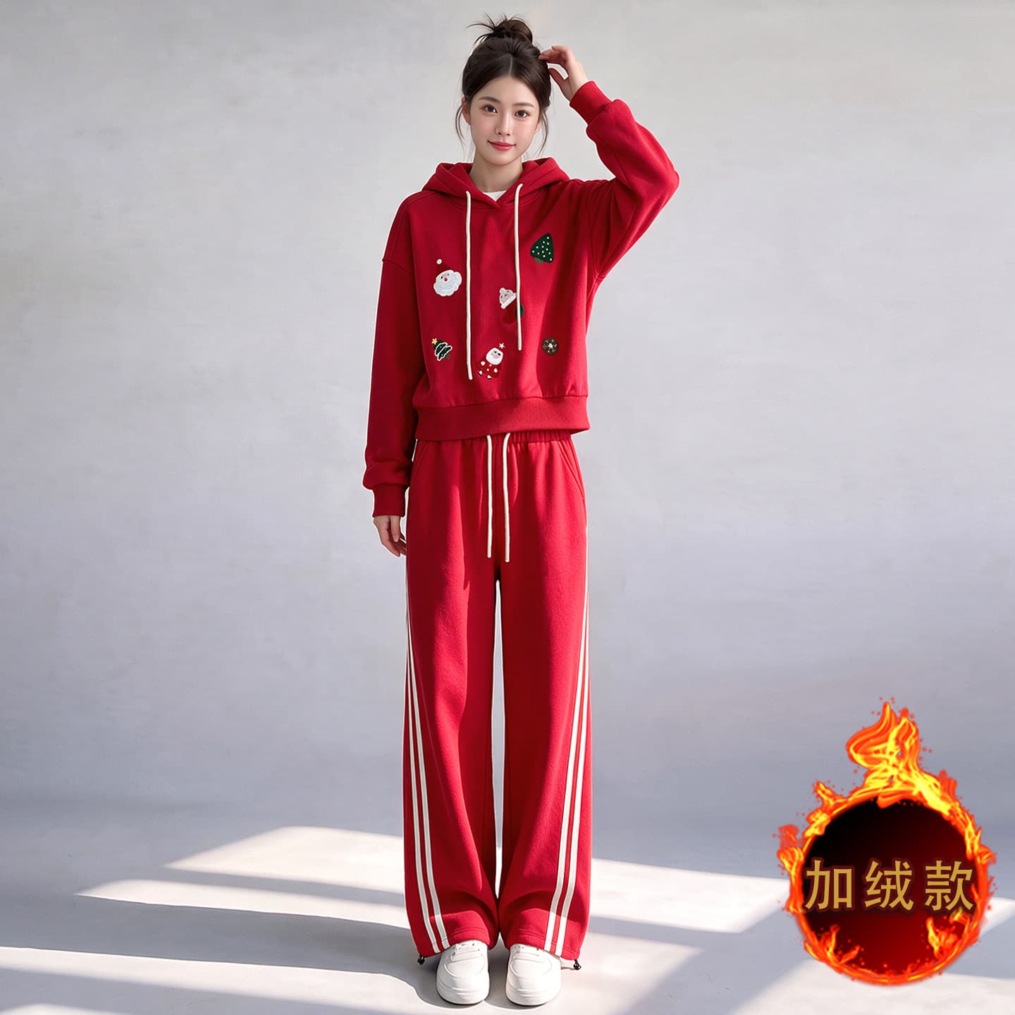 Korean Loose Fit Flattering Fashion Set for Women, New Autumn/Winter Cartoon Print Hooded Sweatshirt with Straight Leg Pants, 2-Piece Set