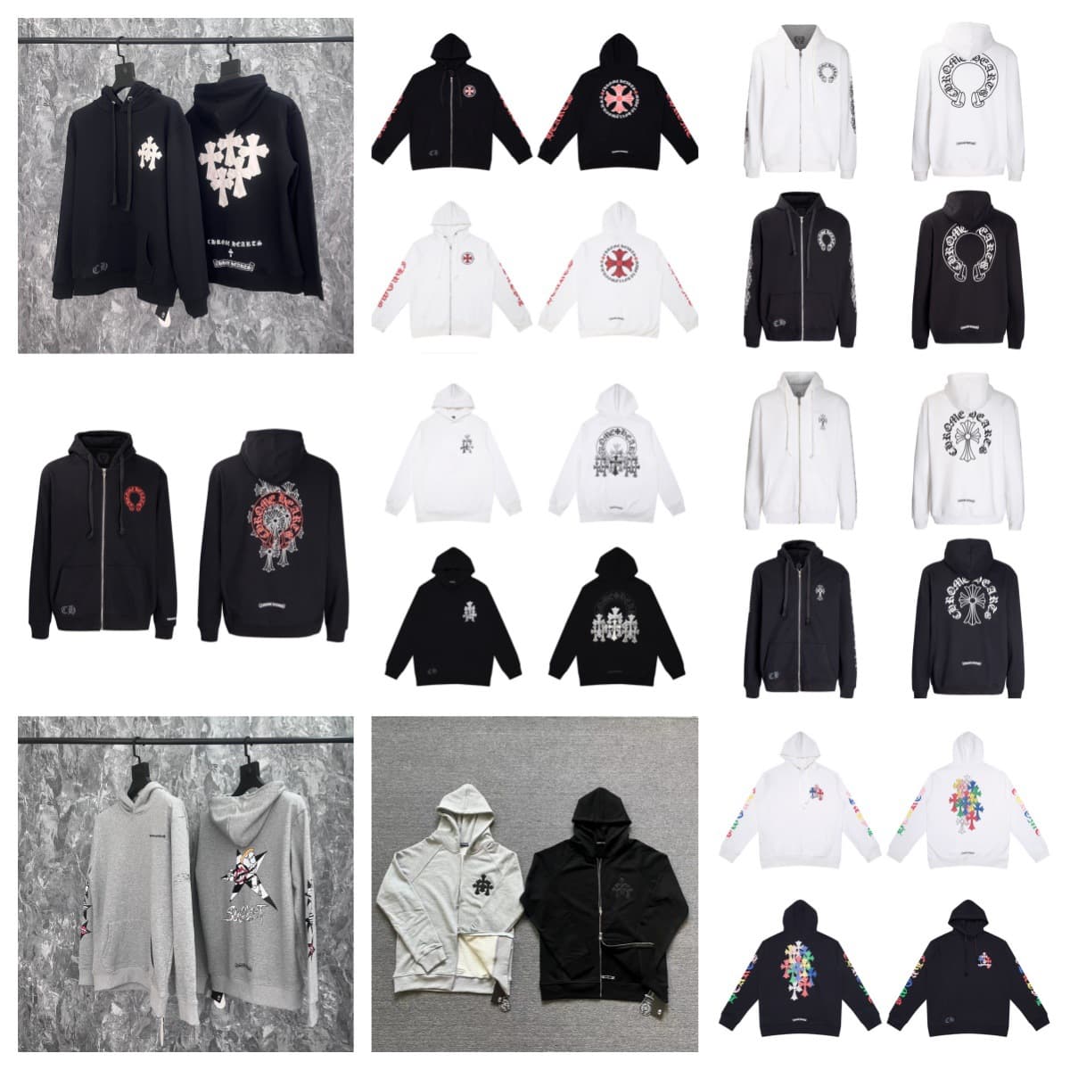Cross-border exclusive, complete with three labels, CH Chrome streetwear Sanskrit cross zip-up hoodie, in stock, factory direct shipping