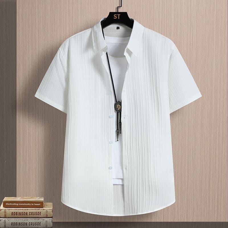 Ice Silk Men's Short-Sleeve Shirt, Summer Korean Trendy Jacquard Wrinkle-Free Casual Shirt, Solid Color, Anti-Wrinkle, Lightweight Style