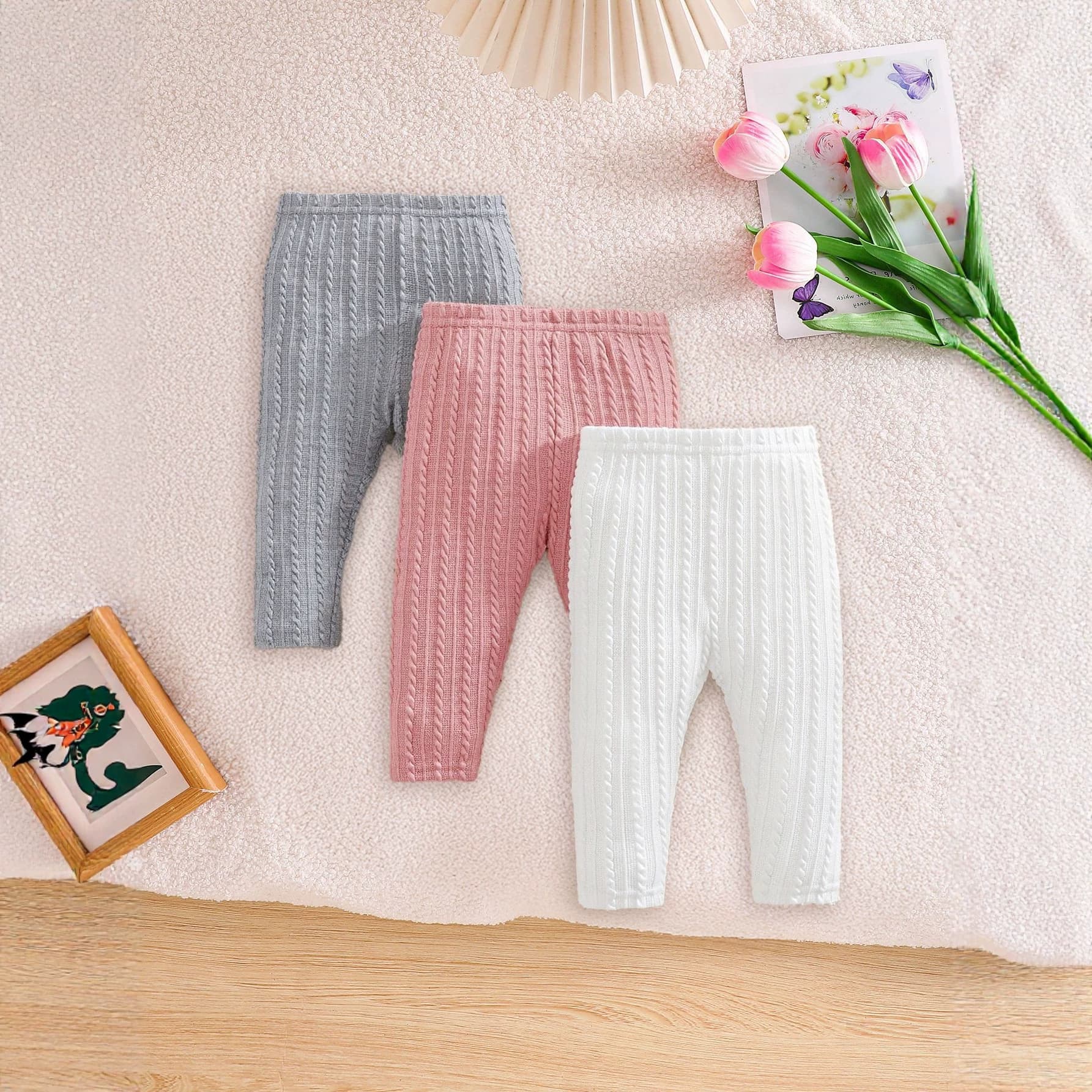 Children's clothing spring and autumn baby warm leggings solid color pitted twist high-waisted high-elastic slim cold-proof trousers three-pack