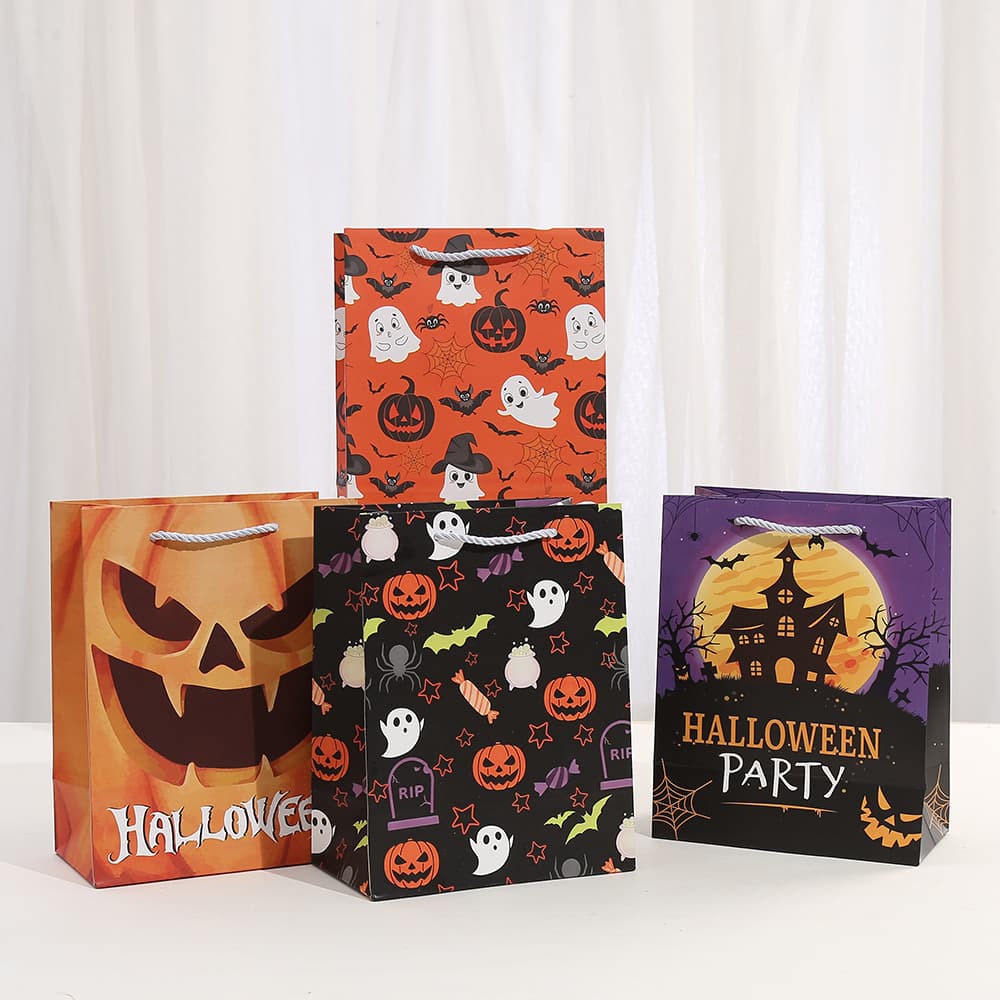 White cardstock paper bag printed party tote bag wholesale shopping gift bag takeout bag Halloween packaging bag