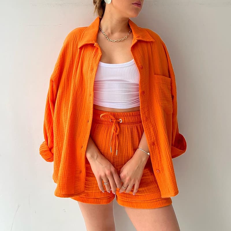 European and American Women's Two-Piece Set Wrinkle Fabric Notch Lapel Long-Sleeve Shirt High-Waist Drawstring Shorts Plus Size Fashion Casual Suit
