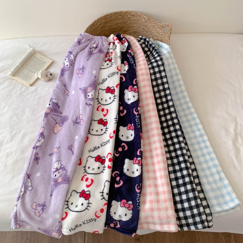 Cartoon flannel pajama pants for women, autumn and winter long pants, fleece-lined, warm, coral fleece winter home pants, casual pants