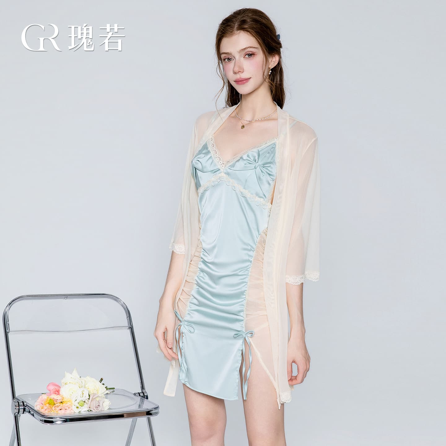 Gorgeous satin three-dimensional bow bra cup and breast pad see-through mesh suspender nightgown home suit 3425