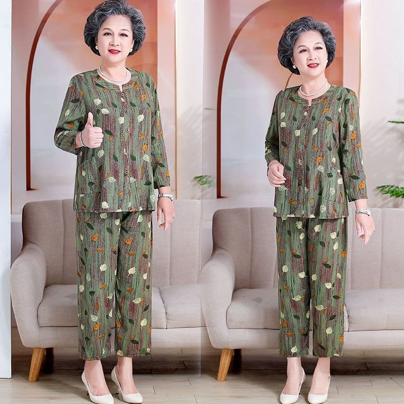 Two-piece home women's cardigan cotton silk three-quarter sleeve cardigan nine-quarter pants suit grandma's new elderly summer and