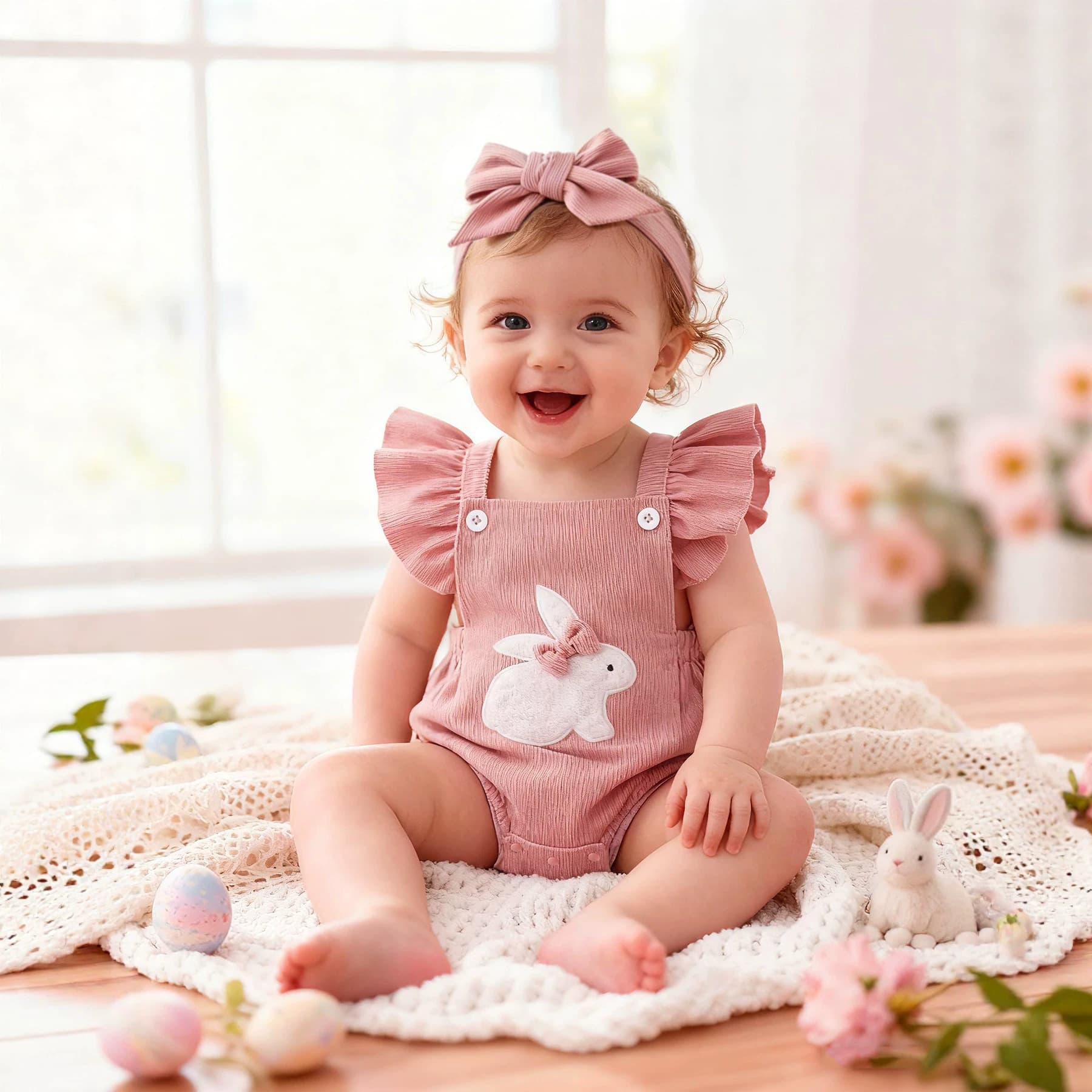 2026 Baby Summer Newborn Easter Outfit Girls Front-Tie Rabbit Bodysuit with Headband