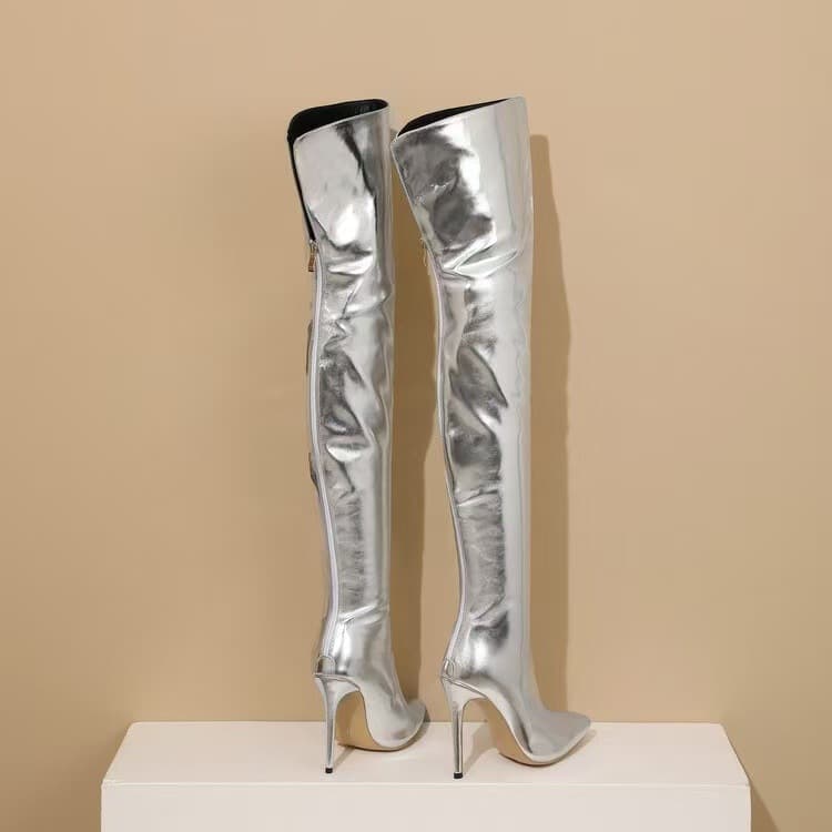 Metallic Patent Leather Wish AliExpress 2023 Export Over-the-Knee Plus Size Women's Boots Pointed Toe Thin Heel Fashion Stiletto Heels