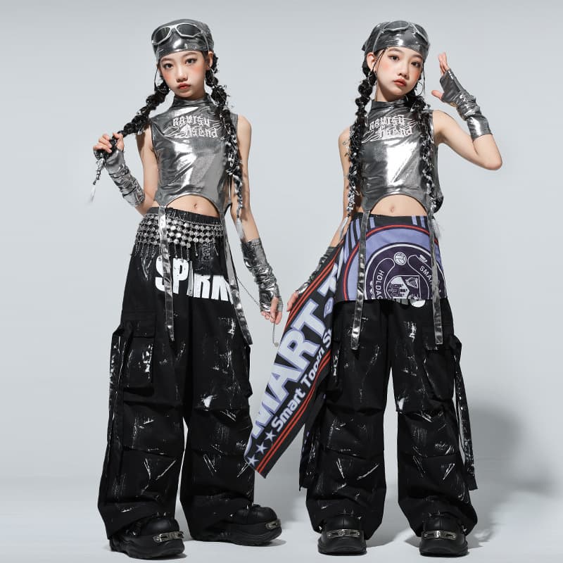 Street Dance Jazz Dance Girls' Clothing, Shiny Leather Top, Fashionable Children's Jazz Dance Performance Outfit, Trendy Streetwear for Girls