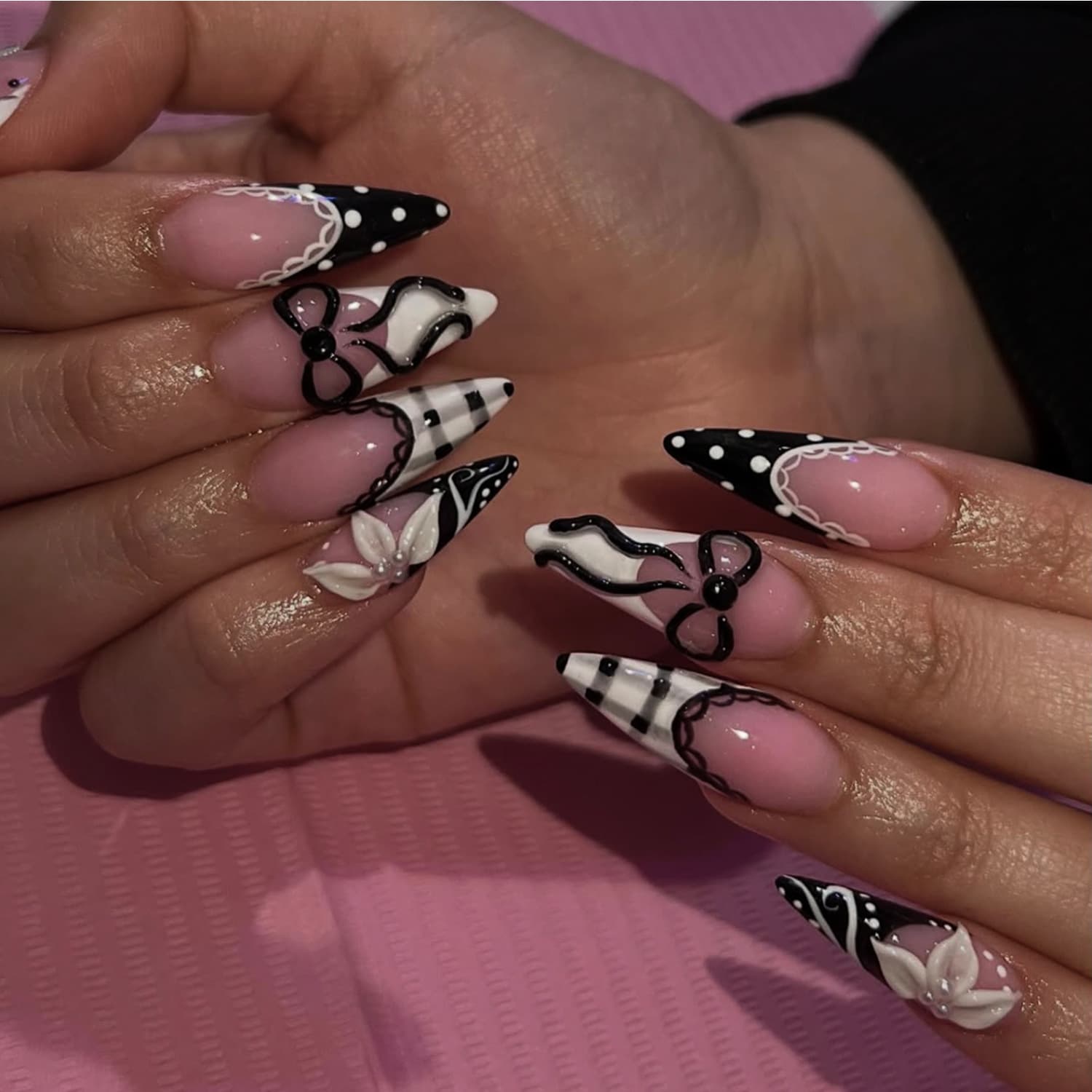 Lefan Nails 3D Bow Black French Press-On Nails Flower Pearl Polka Dot Fake Nails Wholesale