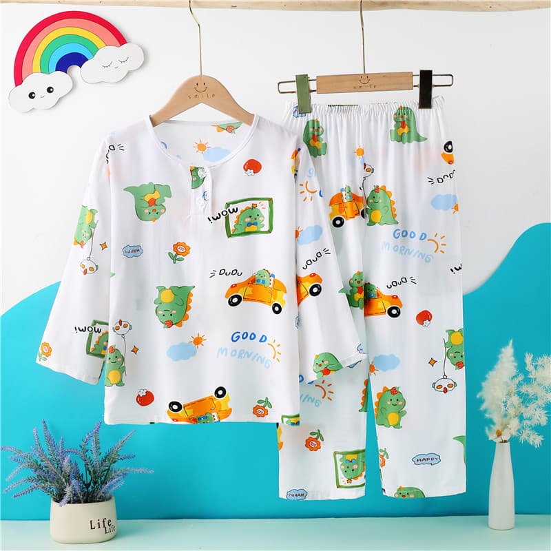 Spring and summer children's cotton silk pajamas cartoon suit long sleeve cotton silk home clothes boys and girls baby thin wholesale