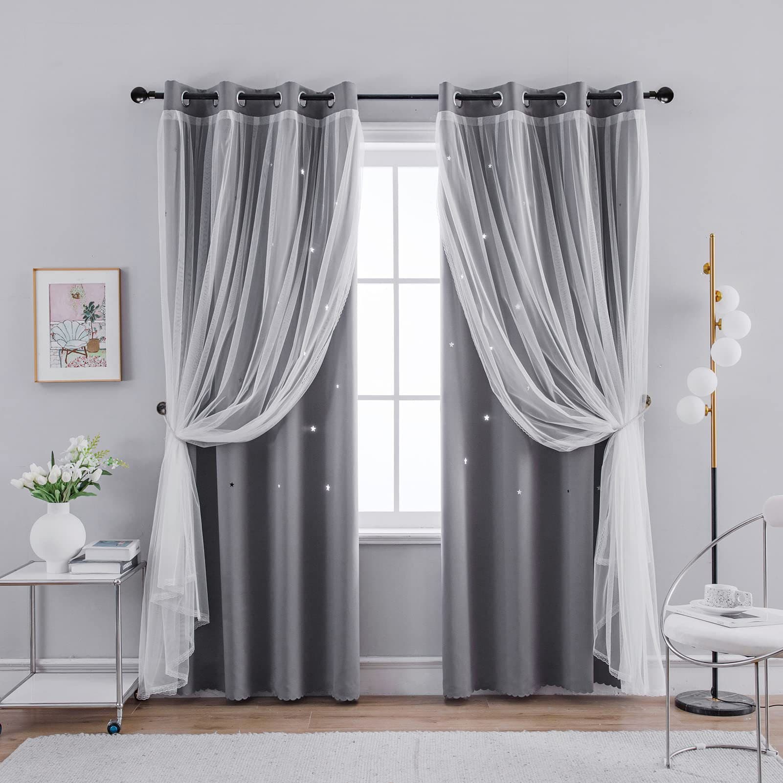 Amazon Cross-Border Double Curtain Hollow Star Shading Rod Pocket Short Curtains