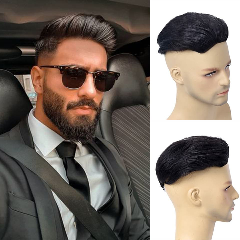 Real Human Hair Slicked Back Toupee Front Hair Piece Lightweight Breathable Scalp-Like Base Men's Hairpiece Hair Replacement