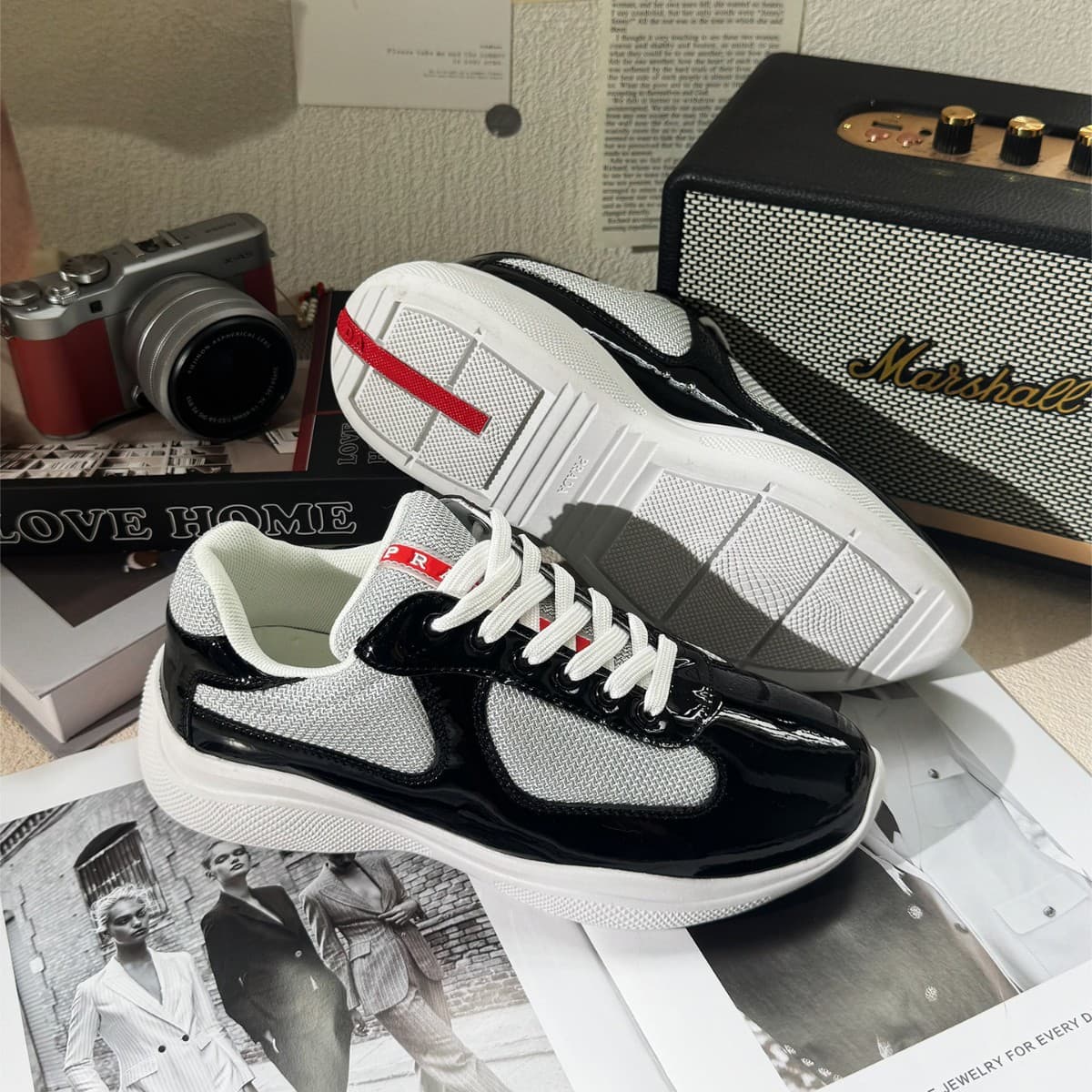 Cross-border Prada Putian European large-size leather spliced casual Americas Cup luxury P-brand men's and women's sports shoes