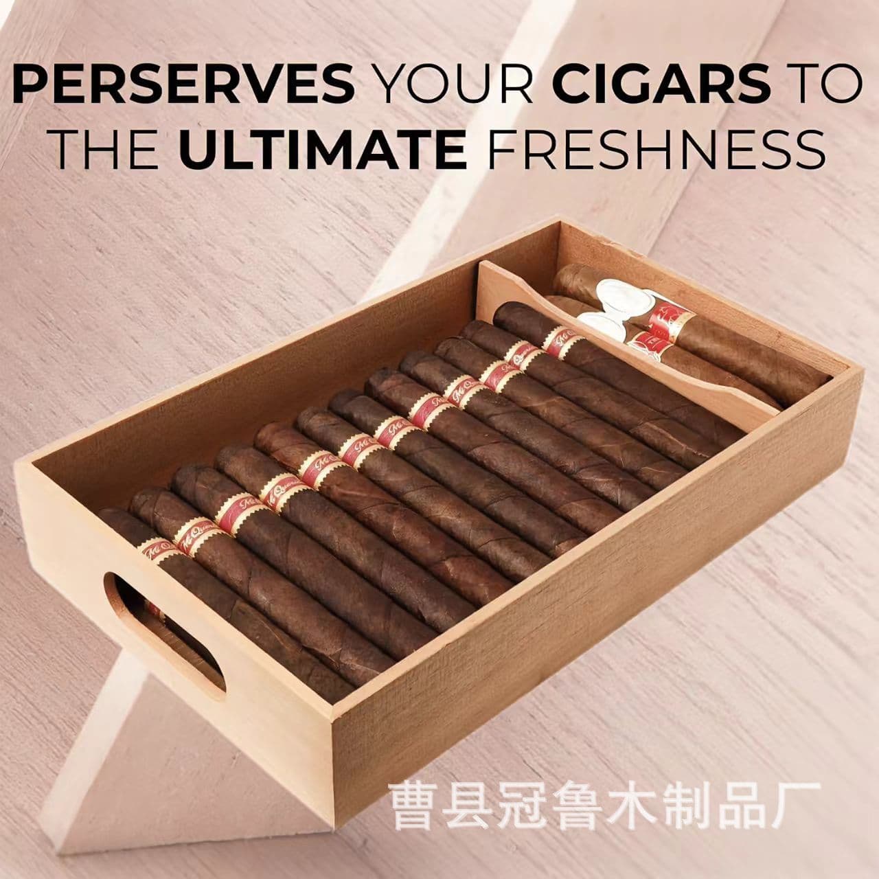 Rectangular perforated wooden cigar box with adjustable Spanish cedar wood cigar tray.