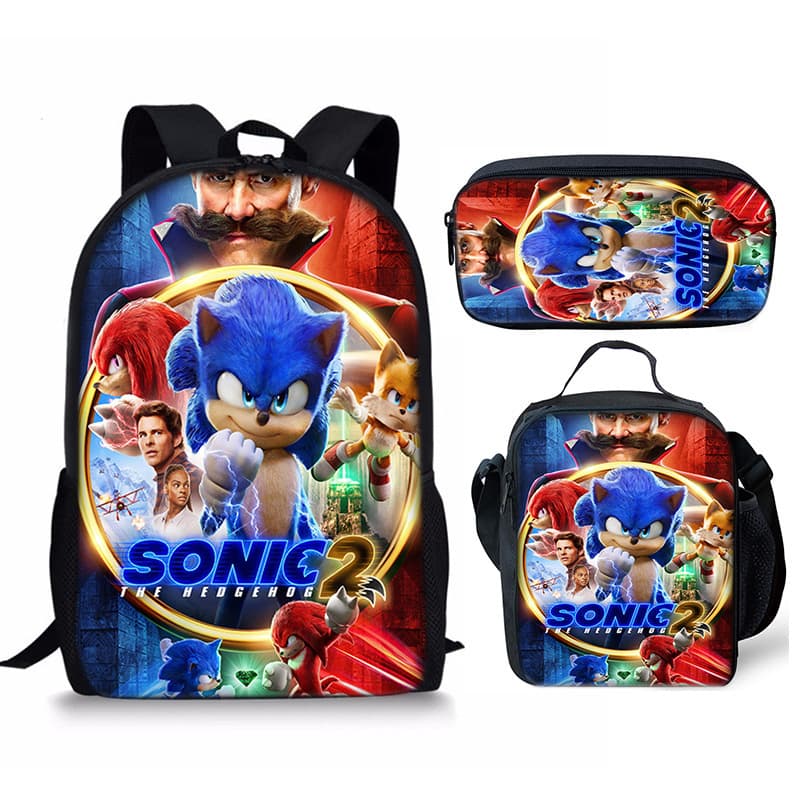 Sonic The Hedgehog Backpack Set For Primary School Students Lunch Bag Pencil Case Three-piece Set Customized