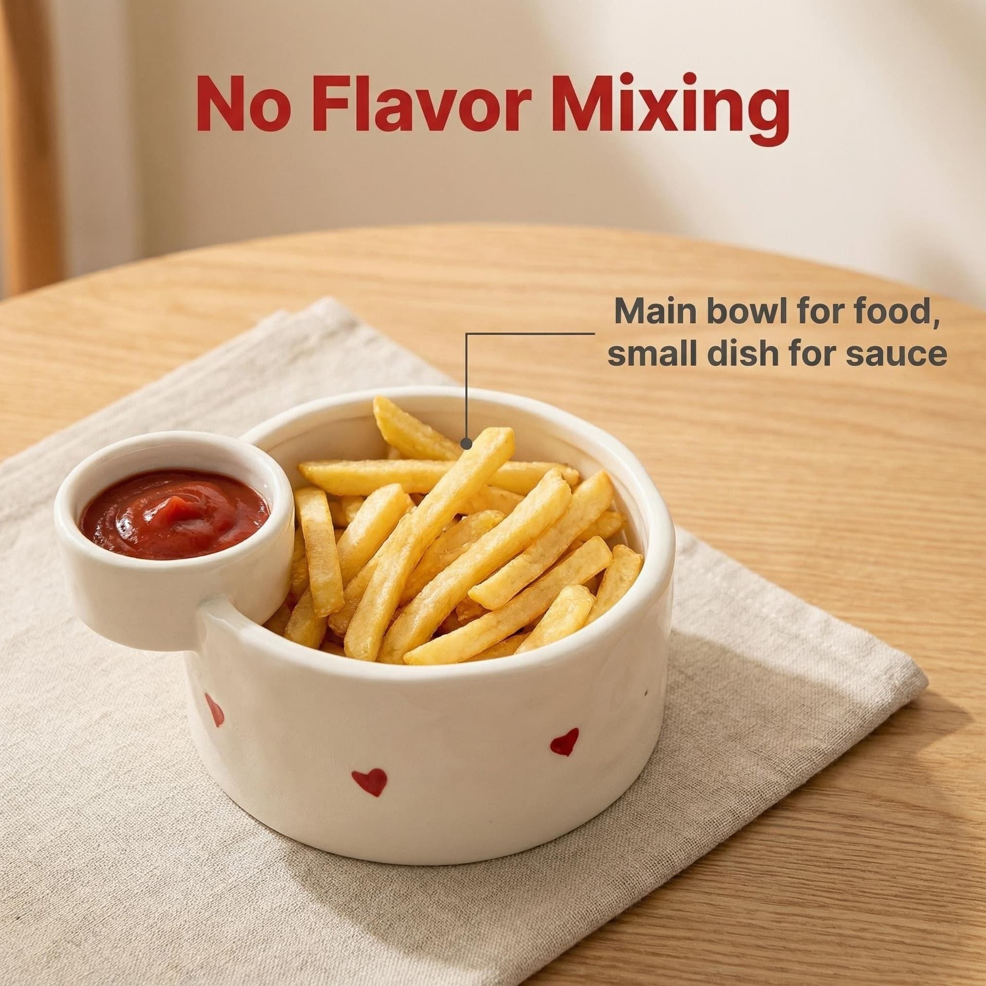 Ceramic Double Dip Bowl Creative Fries Bowl with Small Plate Cute Heart-Shaped Design Heat-Resistant Tableware Home Snack Plate