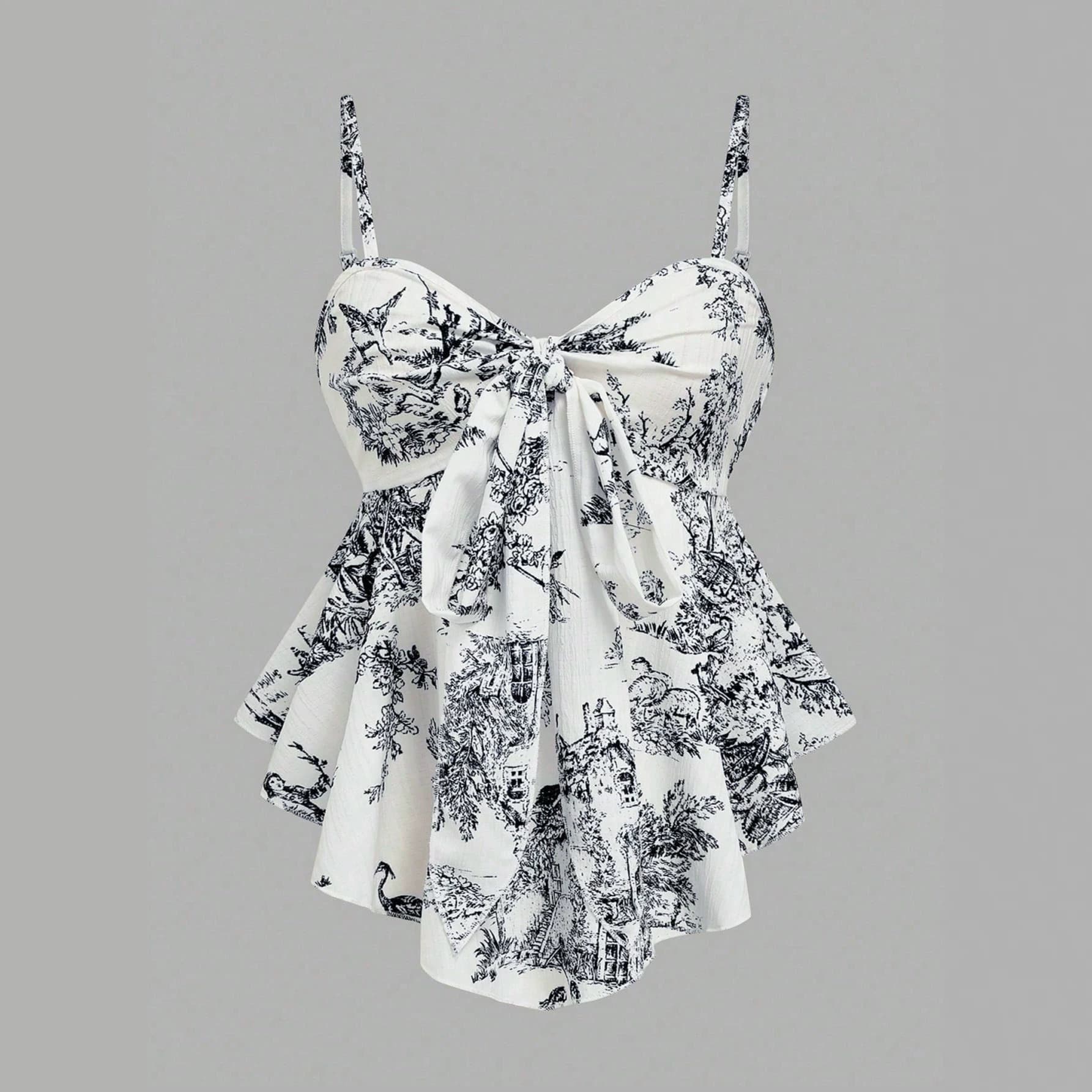 Women's Cute and Sweet Casual Suspender Printed Babydoll Top