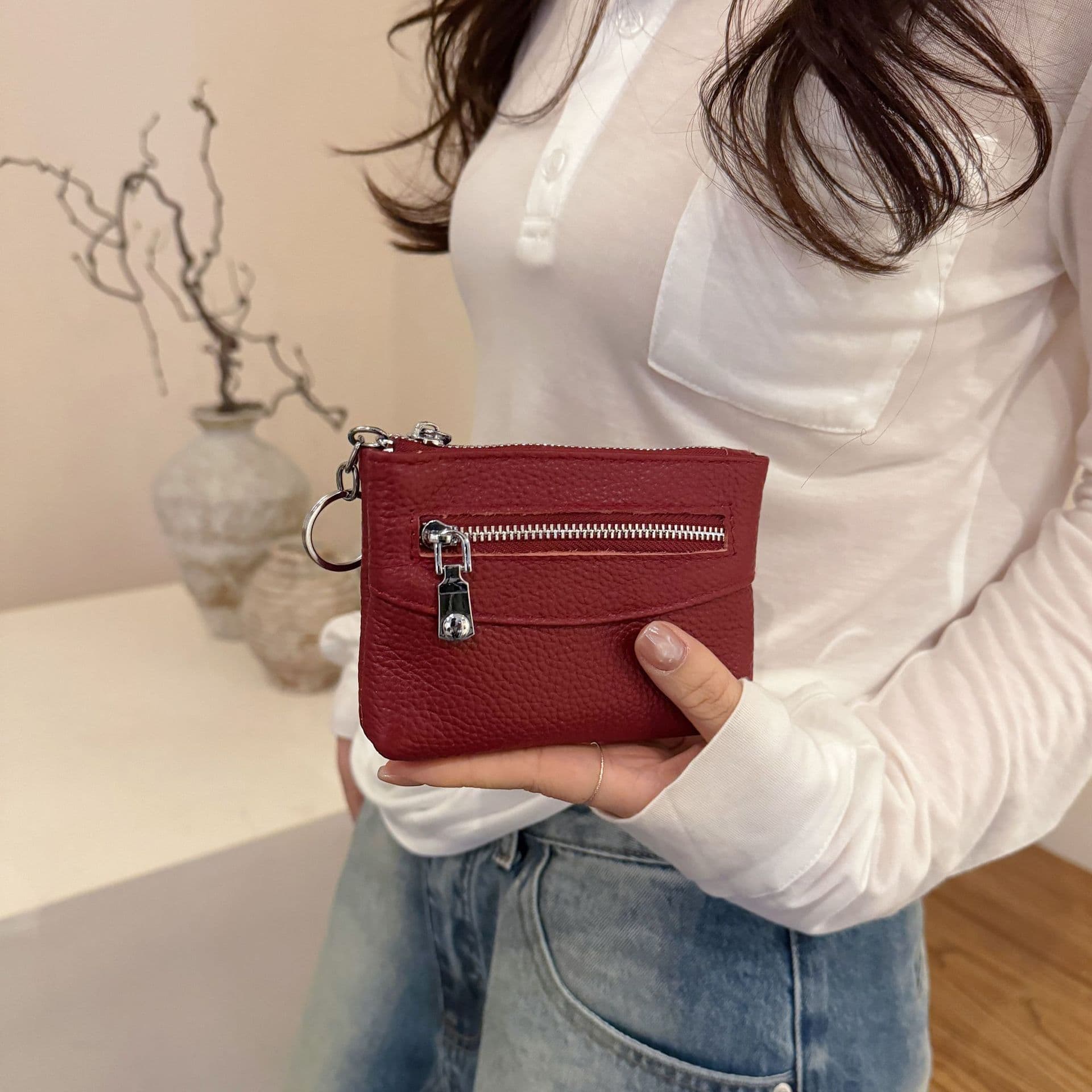 New Korean-style Lychee Pattern Top Layer Cowhide Clutch Bag Shoulder Bag Envelope Handbag for Middle-aged Women