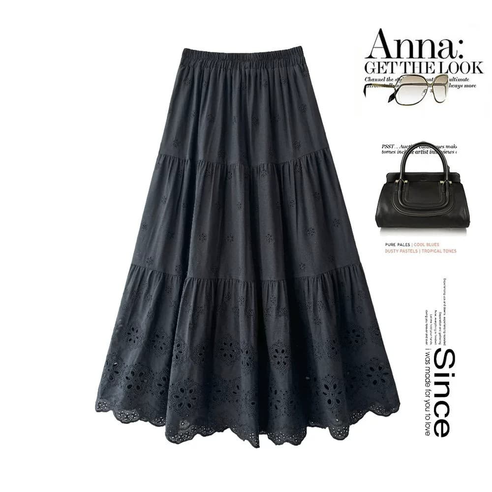 New Versatile Elegant Lace Trim Elastic Waist Slimming Casual Skirt Solid Color Crochet Hollow Embroidery A-Line Skirt