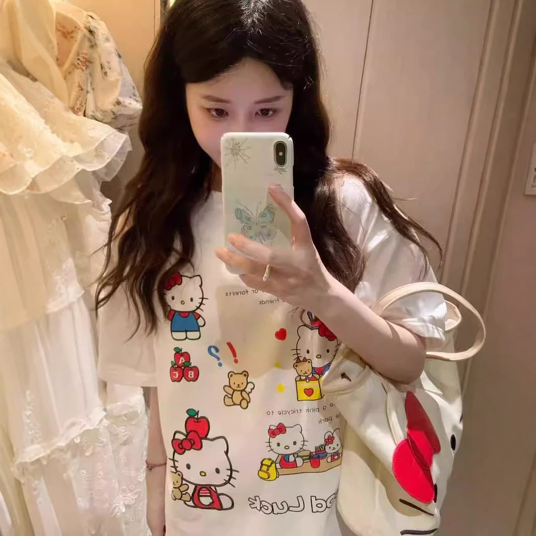 Hello Kitty pure cotton short-sleeve T-shirt for plus-size women, design sense niche loose short-sleeve top trendy brand