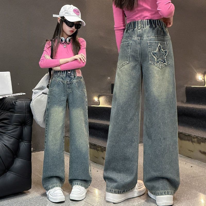 Girls' Straight Leg Jeans, Autumn Loose Fit Pants for Older Kids, 2025 New Style