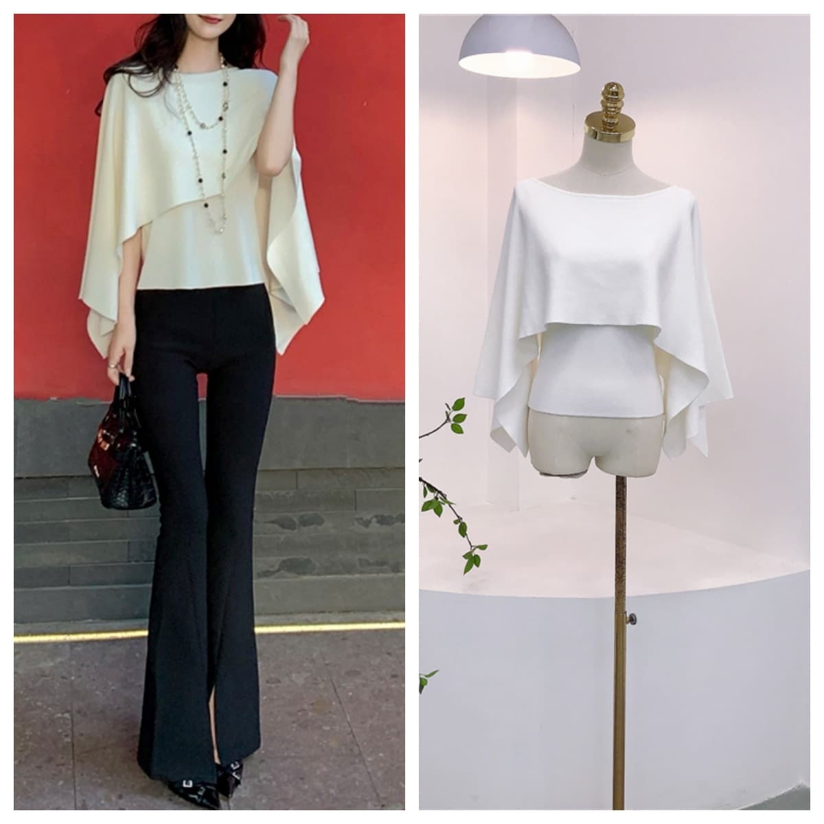 8142 Cape Poncho Top Autumn New Style Elegant Off-Shoulder Two-Way Wear Faux Layered Knit Top