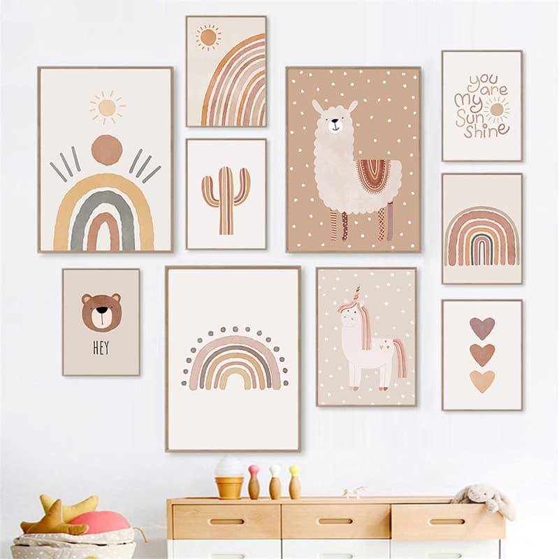 Cross-border Nordic cartoon rainbow unicorn alpaca children's room bedroom decoration painting hanging painting core poster