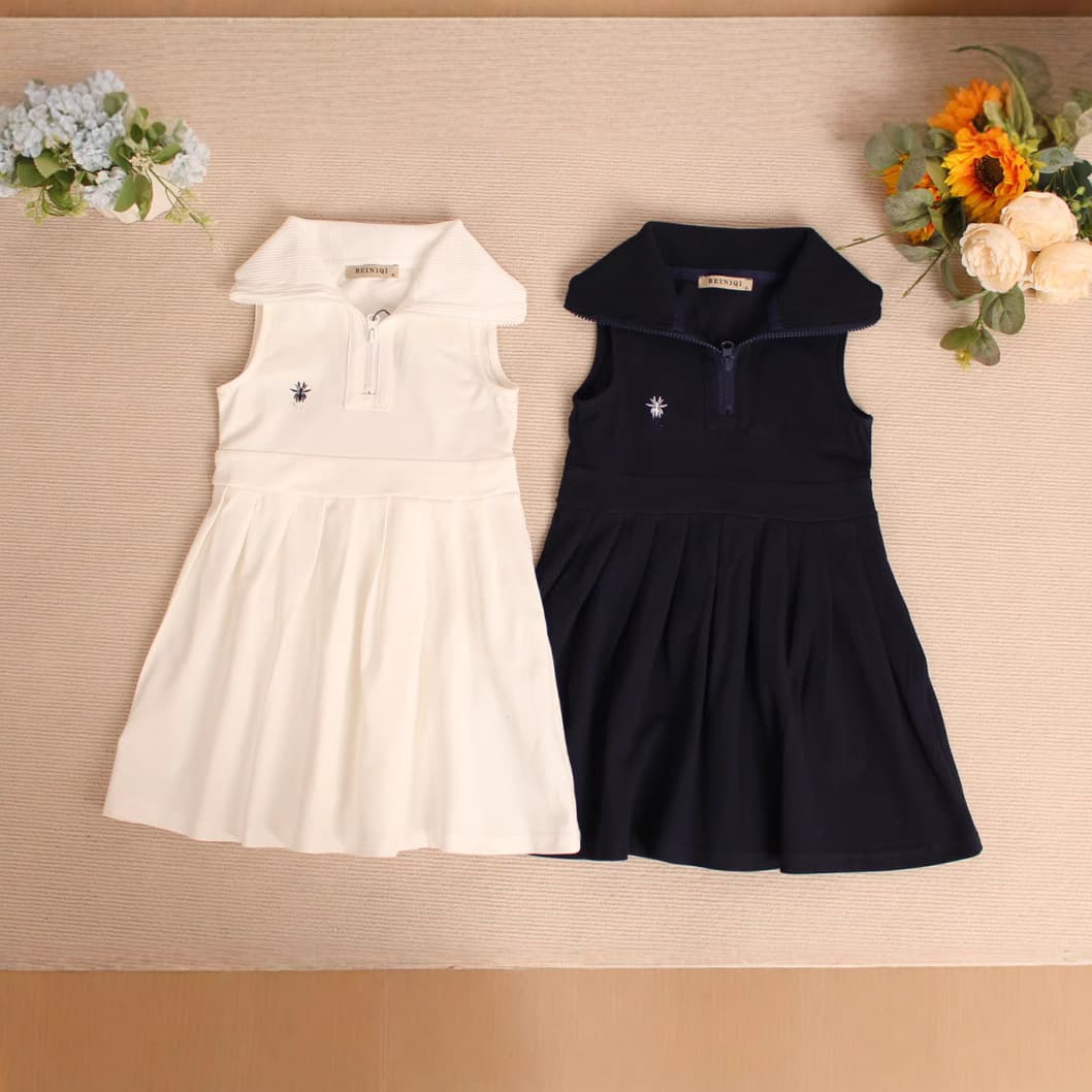 26 Summer Girls Sleeveless Bee Lapel White Polo Skirt College Style Knitted Tennis Dress Princess Skirt