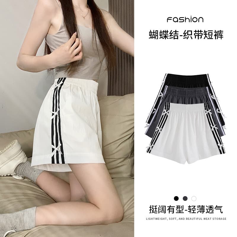 Designer Striped Casual Shorts Summer Versatile Women's New High-Waist Slimming Bowknot Patchwork Wide-Leg Shorts